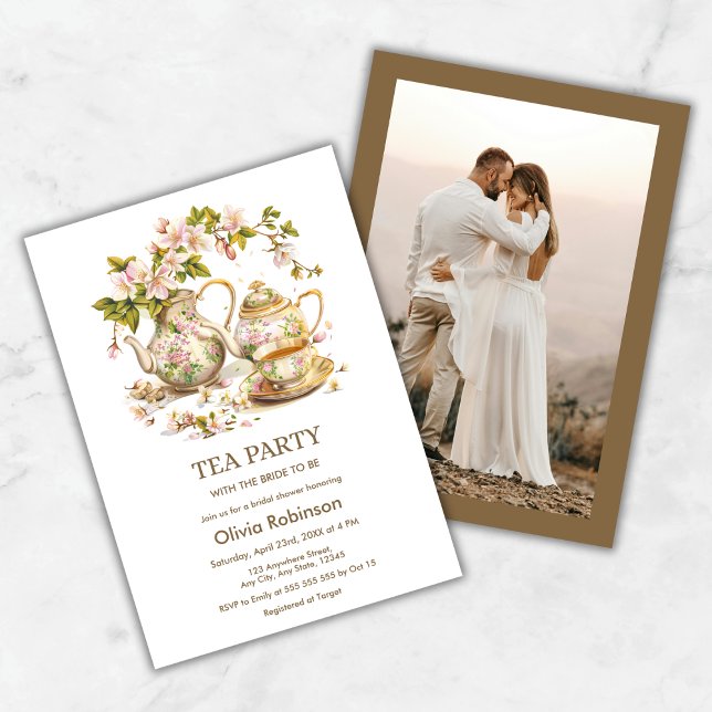 Convite Floral Teapot Tea Party - Chá de panela de fotos (Floral Teapot Tea Party Photo Bridal Shower Invitation )