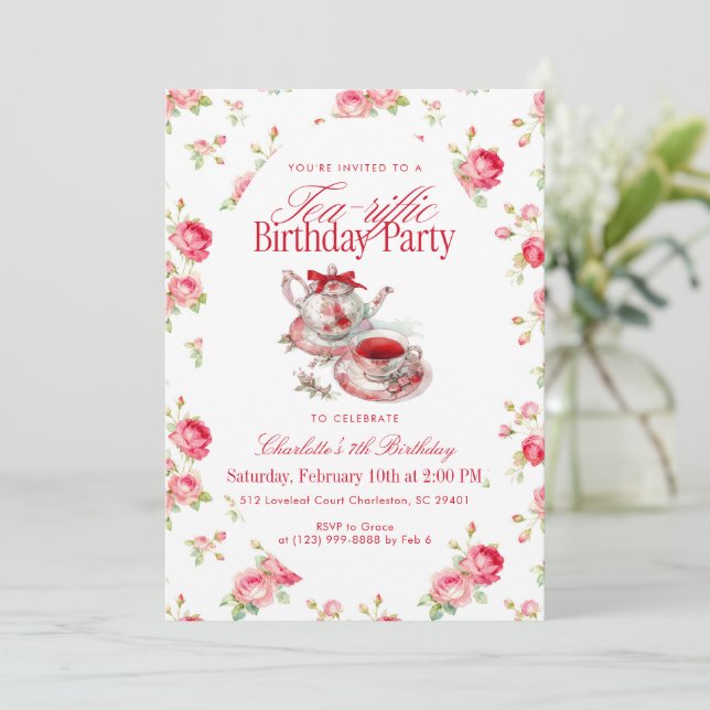 Convite Floral Teapot Watercolor Girl Birthday Tea Party (Em pé/Frente)