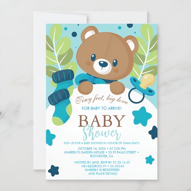 Convite  Floral Teddy Bear Baby Shower Invitation Neutral  (Criador carregado)