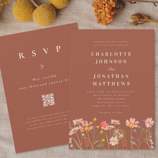 Convite Floral Terracotta Beige Casamento outono (Boho fall Wildflower terracotta brown beige orange wedding qr code invitation elegant modern  )