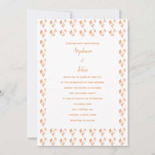 Convite Floral Terracotta Orange Pattern Casamento Simples (Frente)
