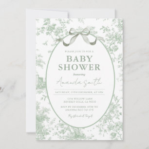 Convite Floral Toile de Bebê em Verde Poeira Sage