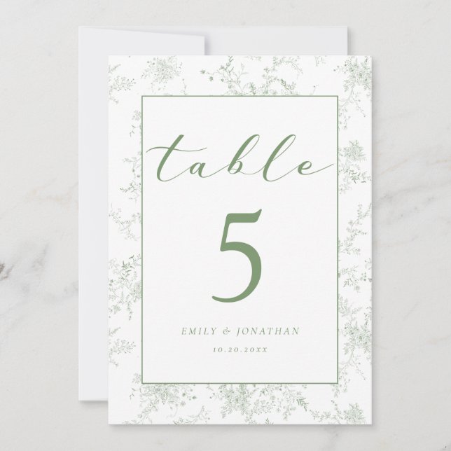 Convite Floral Toile Green Wedding Table Card (Frente)