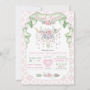 Convite Floral Tribal Chifres de Touro Flechas Rosa Menta 