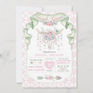 Convite Floral Tribal Chifres de Touro Flechas Rosa Menta