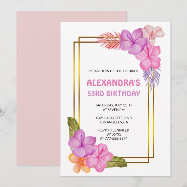 Convite Floral Tropical Rosa Luxo Aniversário de 53 anos (Frente/Verso)