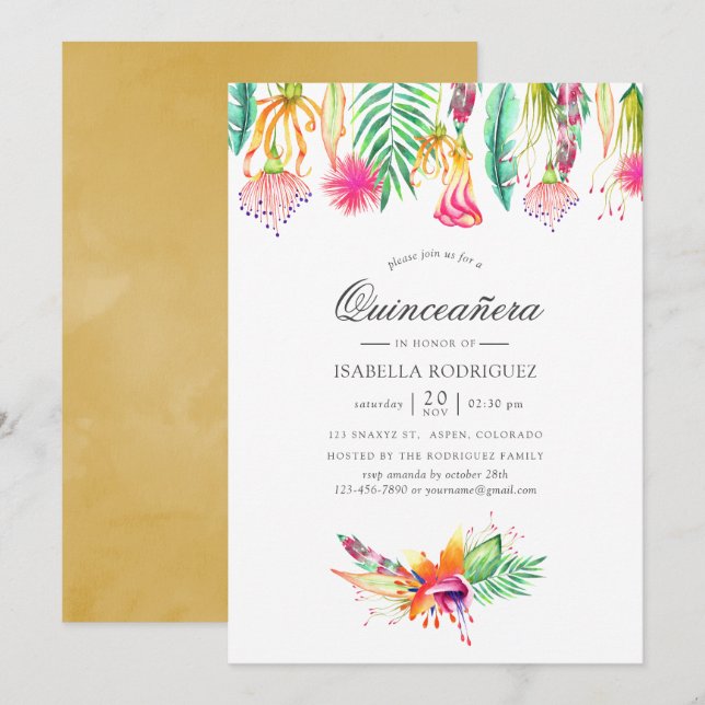 Convite Floral Tropical Summer Beach Quinceañera (Frente/Verso)