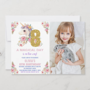 Convite Floral Unicorn Birthday Invisions Glitter Photo