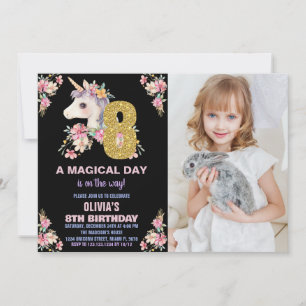Convite Floral Unicorn Birthday Invisions Glitter Photo