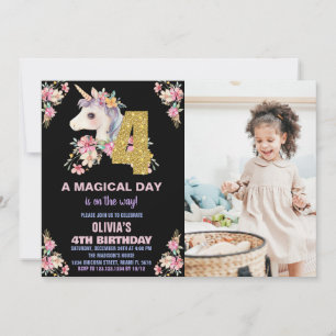 Convite Floral Unicorn Birthday Invisions Glitter Photo