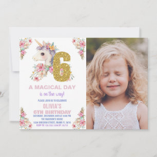 Convite Floral Unicorn Birthday Invisions Glitter Photo