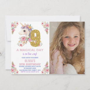 Convite Floral Unicorn Birthday Invisions Glitter Photo