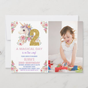 Convite Floral Unicorn Birthday Invisions Glitter Photo