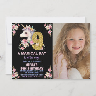 Convite Floral Unicorn Birthday Invisions Glitter Photo