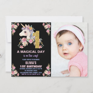 Convite Floral Unicorn Birthday Invisions Glitter Photo