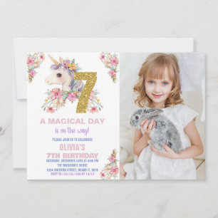 Convite Floral Unicorn Birthday Invisions Glitter Photo