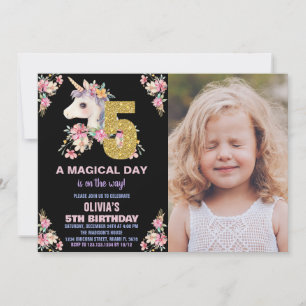 Convite Floral Unicorn Birthday Invisions Glitter Photo