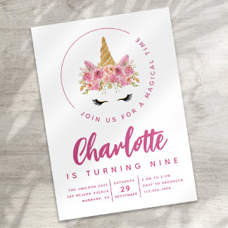 Convite Floral Unicorn Festa de aniversário mágica
