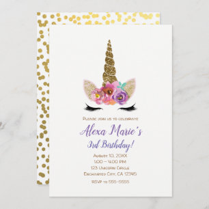 Convite Floral Unicorn Horn Dourada Confetti Festa de aniv