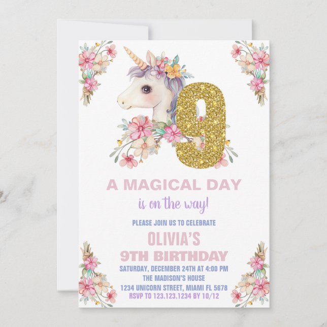 Convite Floral Unicorn - Vozes de Aniversário (Frente)