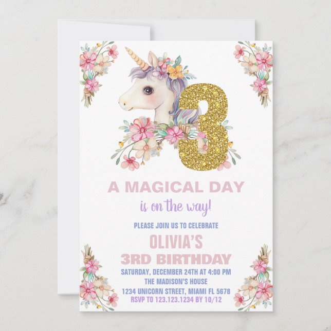 Convite Floral Unicorn - Vozes de Aniversário (Frente)