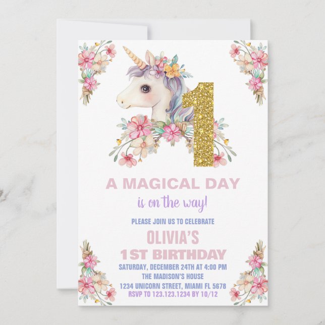 Convite Floral Unicorn - Vozes de Aniversário (Frente)