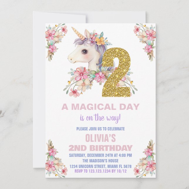 Convite Floral Unicorn - Vozes de Aniversário (Frente)
