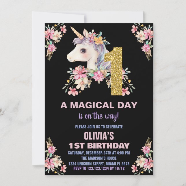 Convite Floral Unicorn - Vozes de Aniversário (Frente)