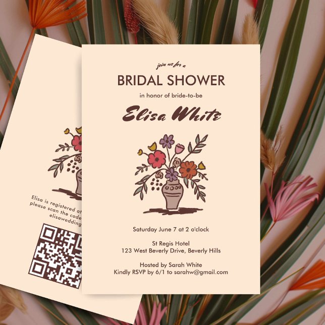 Convite Floral Vase Neutral Chá de panela Whimy QR (Floral Vase Neutrals Whimsical Bridal Shower QR Invitation
)