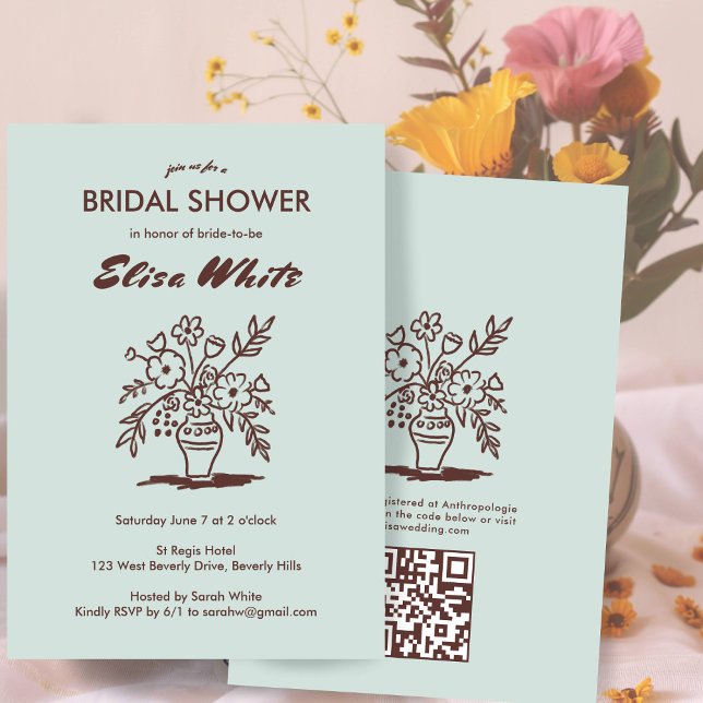 Convite Floral Vase Rustic Whimsical Código QR Chá de pane (Floral Vase Rustic Whimsical Custom QR Code Bridal Shower Invitation Earthy Neutrals Sage
)