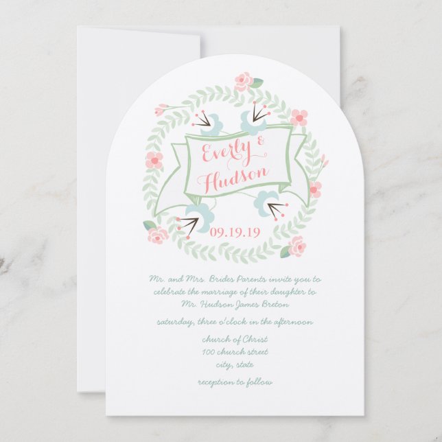 Convite Floral verde-azul-cor-de-coral retroral (Frente)