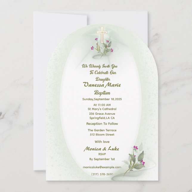 Convite floral Verde&Branco para Batismo (Frente)