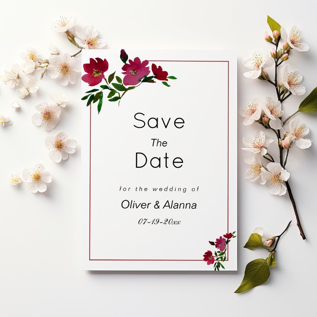 Convite Floral verde-burguês-rosa-botânico Salvar a Data (Botanical pink burgundy green floral Save The Date)