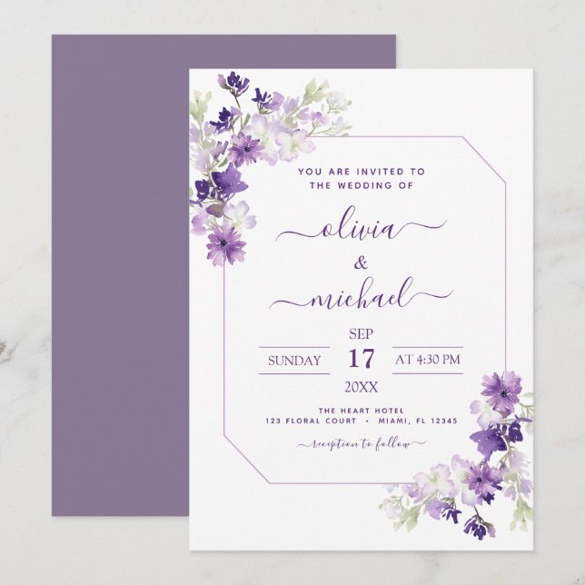Convite Floral Verde Casamento Roxo Empoeirado (Frente/Verso)