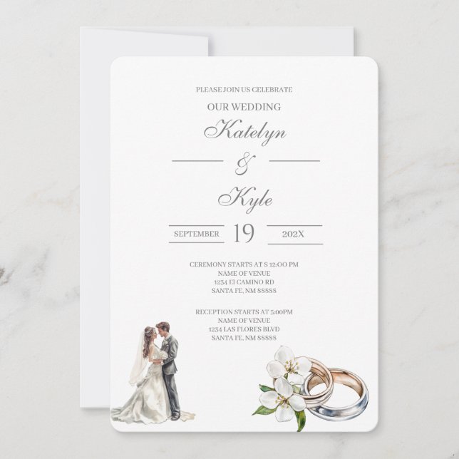Convite Floral verde com anel Casamento Espanhol (Frente)