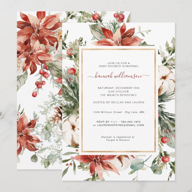 Convite Floral Verde de Inverno | Chás de Bebê de Natal (Frente/Verso)