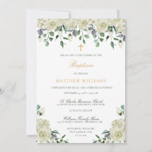 Convite Floral Verde Dourado Branco para Batismo F