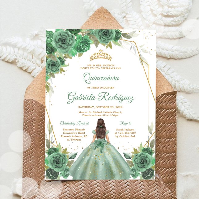 Convite Floral Verde Dourado Quinceanera (Criador carregado)