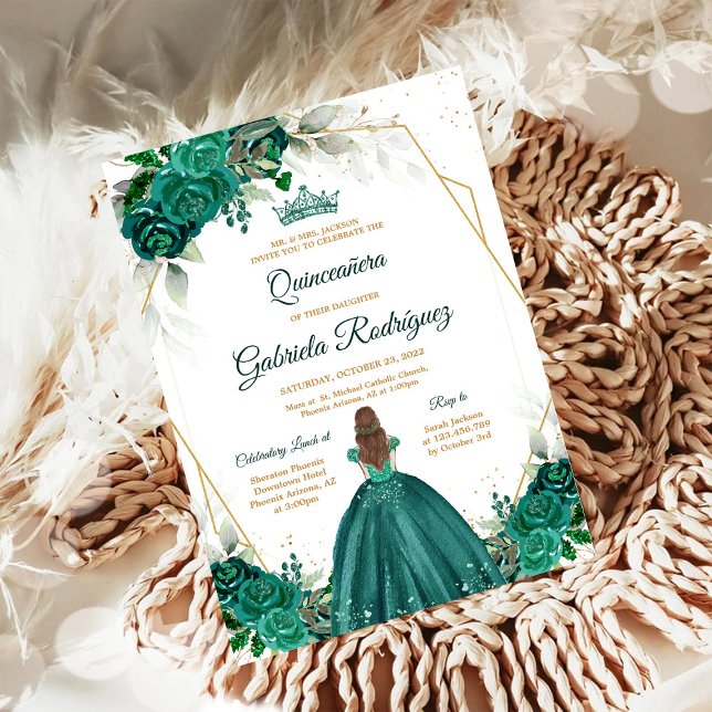 Convite Floral Verde Dourado Quinceanera (Criador carregado)