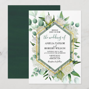 Convite Floral Verde e Branco com Quadro Dourado