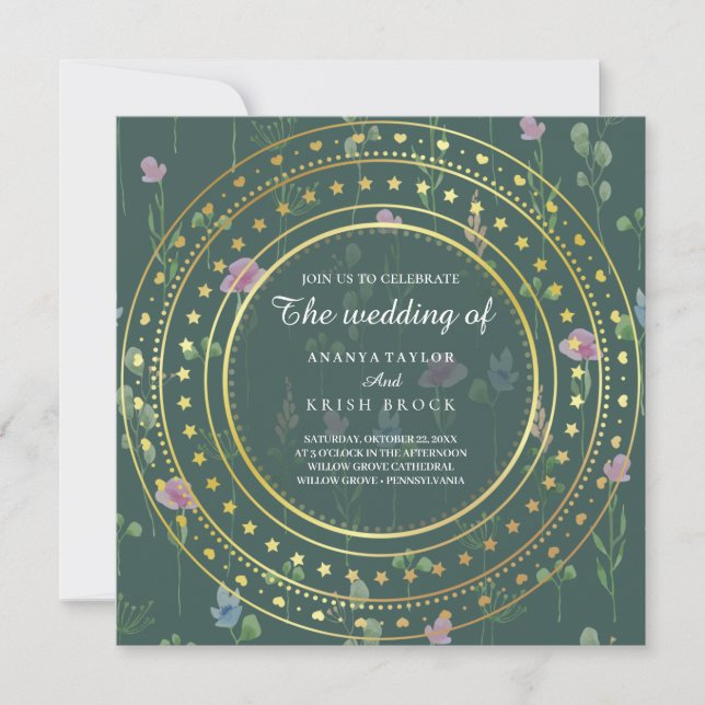 Convite Floral Verde e Dourado, Casamento (Frente)
