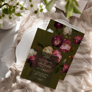 Convite Floral Verde Escuro Sombrio Preto Elegante Românti
