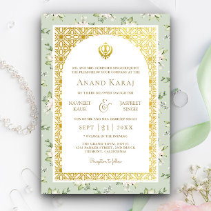 Convite Floral Verde-Menta Anand Karaj Casamento Punjabi S