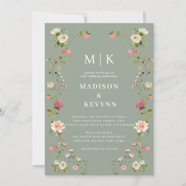 Convite Floral Verde Mínimo e Chic Sage | Casamento (Frente)