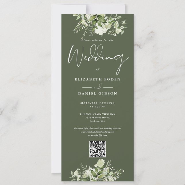 Convite Floral Verde Oliva Código QR Casamento (Frente)