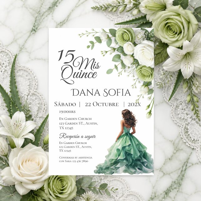 Convite Floral Verde Quincenera em Espanhol (Criador carregado)