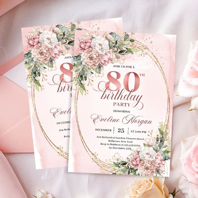 Convite Floral Verde Suave Rosa Dourado Brilho 80º Anivers (Soft Pink Floral Greenery Gold Glitter 80th Invitation)