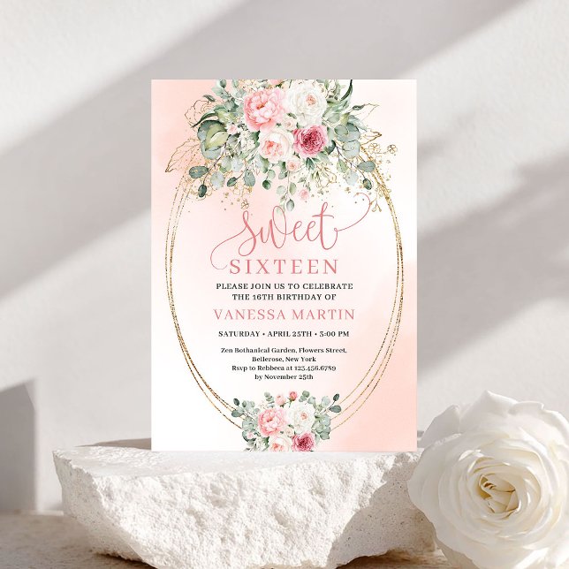 Convite Floral Verdejante com Tom de Blush para Sw (Soft Blush Floral Greenery Sweet Sixteen Invitation)