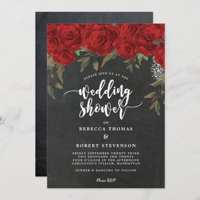 convite floral vermelho do chá de casamento (Frente/Verso)