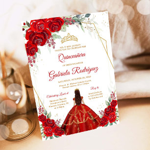 Convite Floral Vermelho Dourado Quinceanera